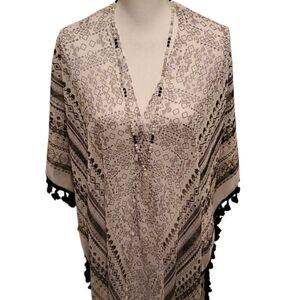 Aztec Print Sheer Black & White Kimono Wrap Cover Up With Tassels OS